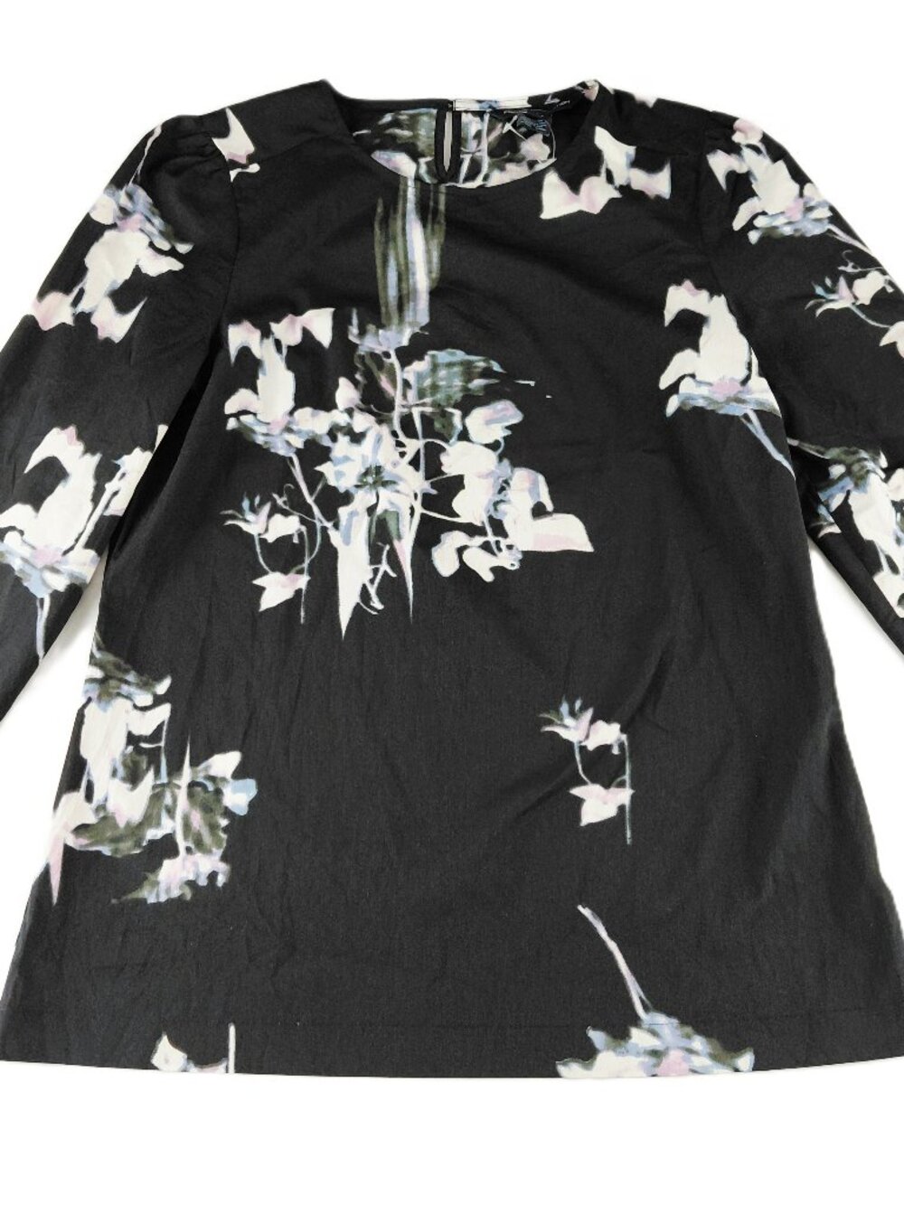 French Connection Waterflower Drape 3/4 Sleeve Top Women's Size 6 Black Floral